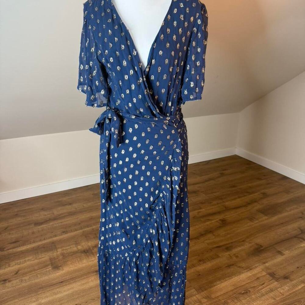 En Crème Blue & Gold Metallic Wrap Midi Dress ✨ Boho Glam‎ Ruffle Hem Size M